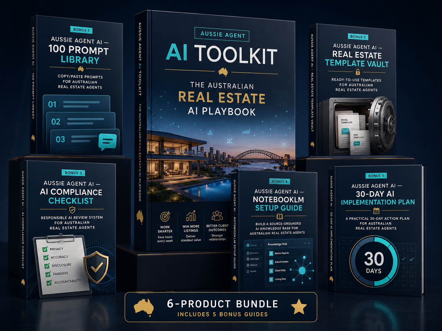 Aussie Agent AI Toolkit — 6-product bundle including the Australian Real Estate AI Playbook and 5 bonus guides